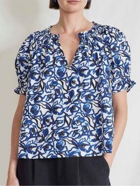 Apiece Apart Kasin Puff Sleeve Blue White Floral Smocked Peasant Blouse XS